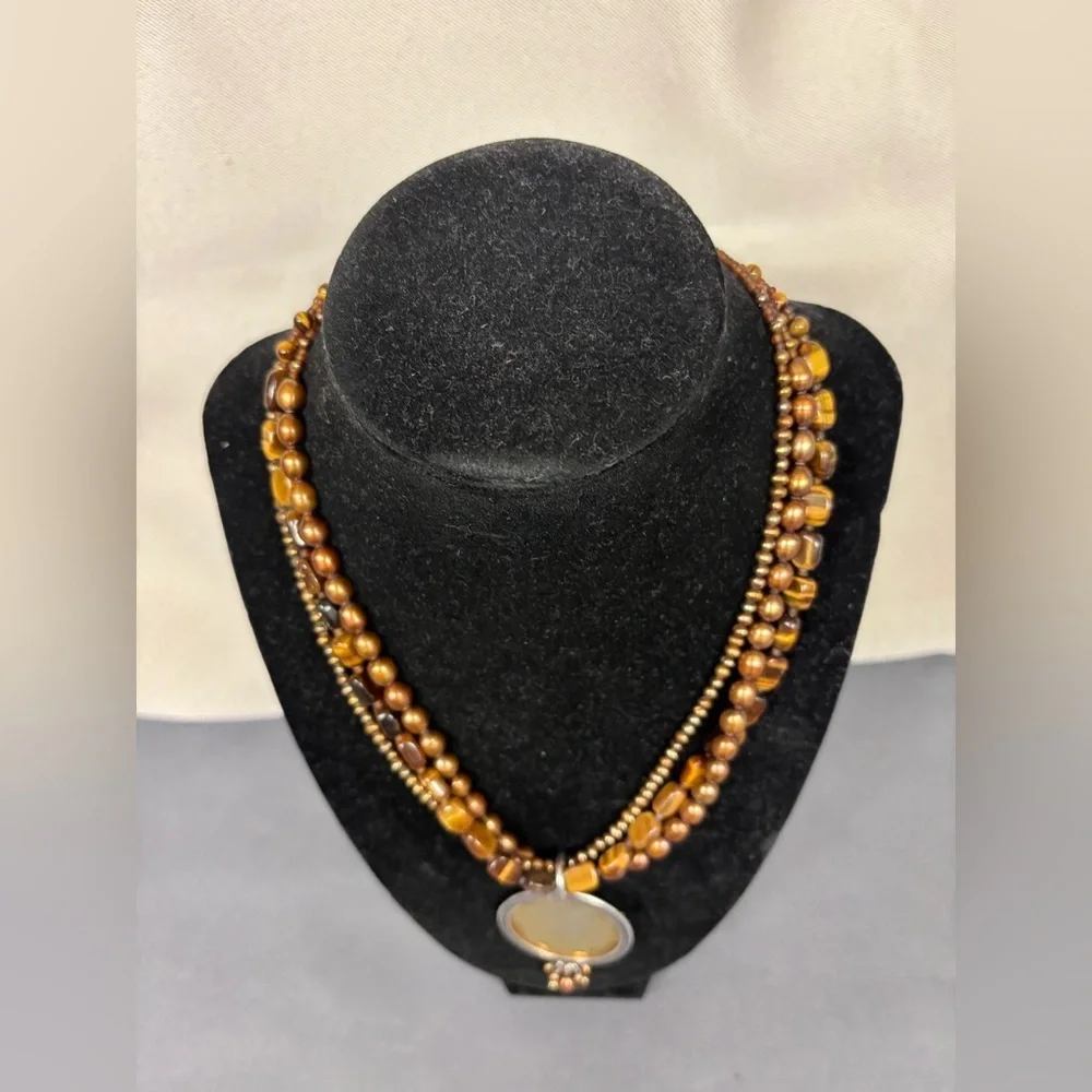 Silpada Multi-strand Tiger's Eye and Bonze Pearl Necklace w/ Brass Pendant N1838 - Picture 3 of 4